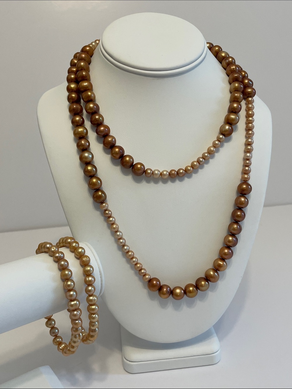 Classic Golden/Mocha-Tone 40” Freshwater Pearl Necklace & 2 Bracelet Set